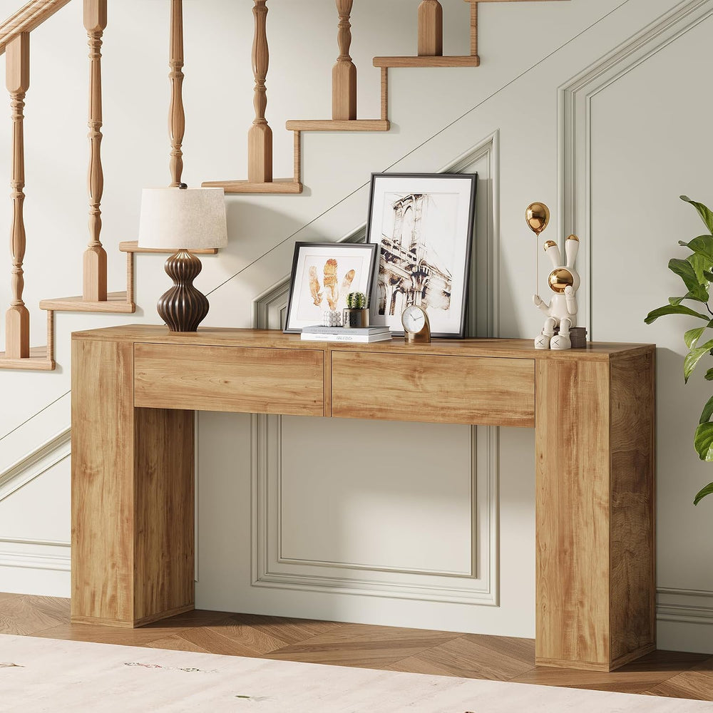 Farmhouse Console Table with LED Light and 2 Drawers, Natural Oak | 55 inch L...