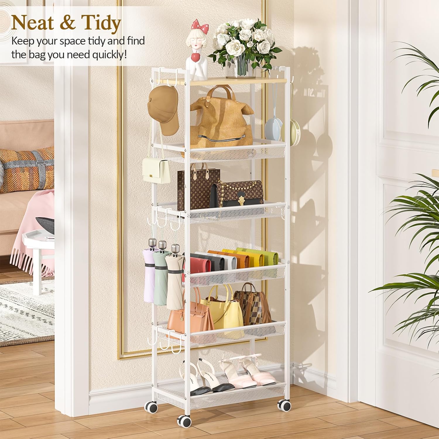 6 Tier Tall Purse Organizer for Closet, Large Capacity Bag Organizer with 12 Hooks, Rolling Purse Rack Stand with Lockable Wheels & Wooden Top, Heavy Duty Handbag Storage Shelf for Bedroom Entryway