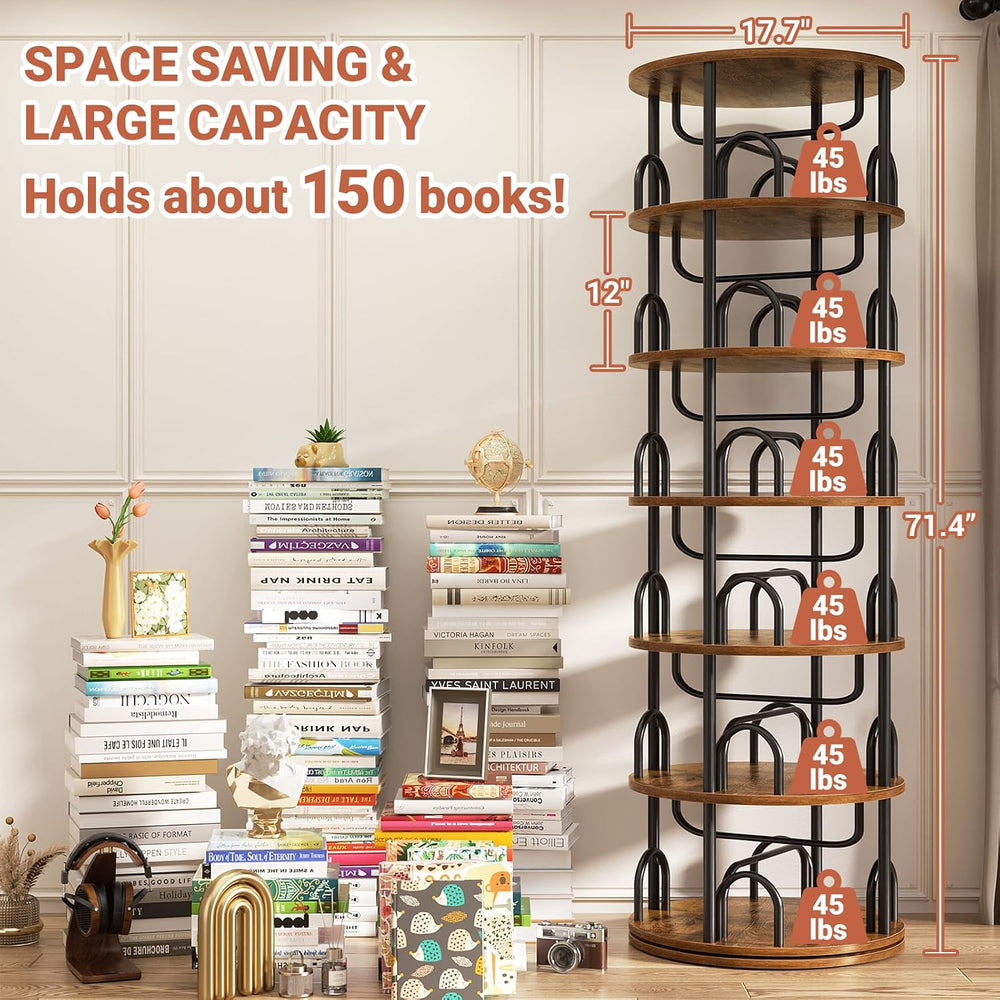 Aheaplus 6 Tier Rotating Bookshelf Tower, Revolving Bookcase, Rustic Brown
