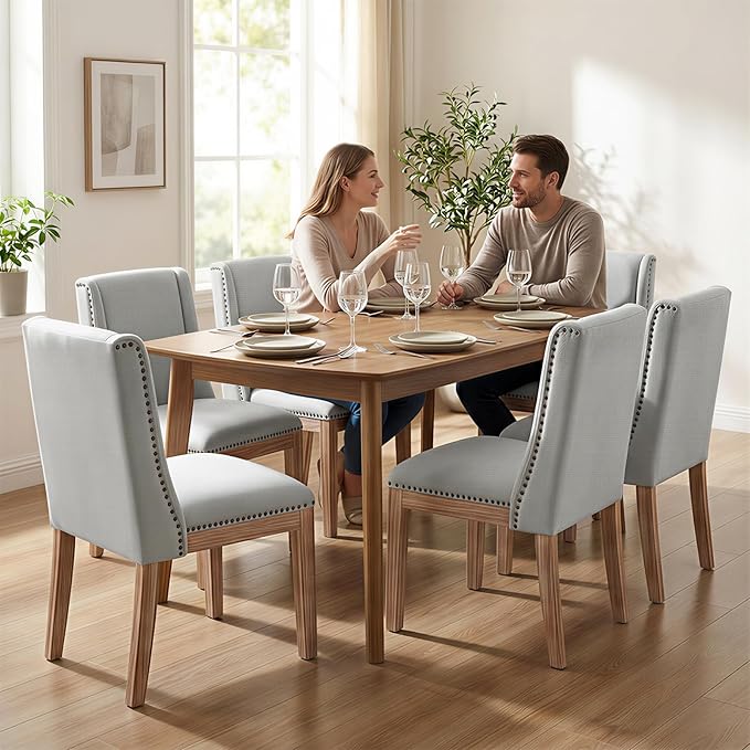 Dining Chair Set of 6, Fabric Upholstered Kitchen Side Chairs with Wooden Legs for Kitchen & Restaurant Use, LightGrey