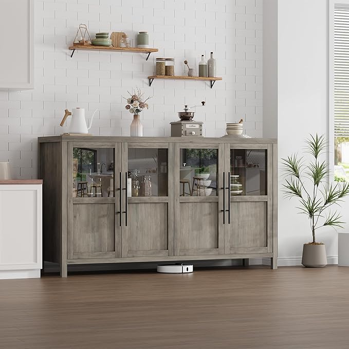 GarveeHome Sideboard Buffet Cabinet with 4 Glass Doors, 55" Buffet Table Coffee Bar Wine Bar Display Cabinet for Kitchen Dining Room, Living Room (Grey, Glass with 4 Doors)