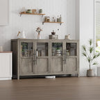 GarveeHome Sideboard Buffet Cabinet with 4 Glass Doors, 55" Buffet Table Coffee Bar Wine Bar Display Cabinet for Kitchen Dining Room, Living Room (Grey, Glass with 4 Doors)
