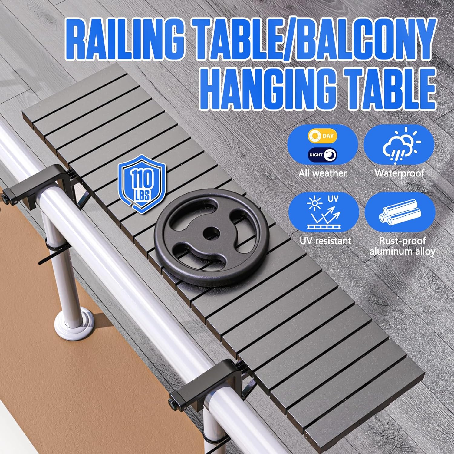 Balcony Table Outdoor Patio Bar Balcony Bar Table for Railings | Heavy-Duty Metal 49"×9.6" Balcony Side Table Holds 110 lbs, Patio Side Table with Adjustable support legs, Fits ≤4.4” Rails