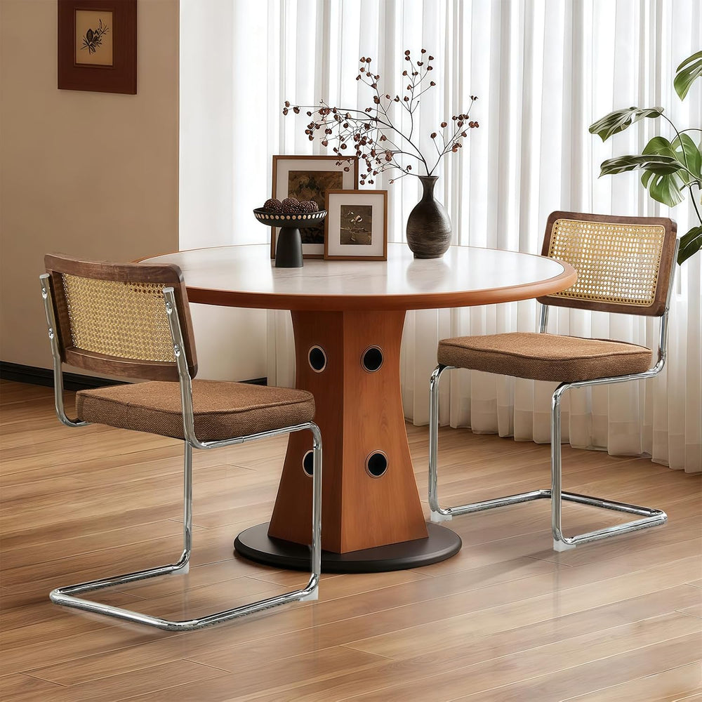 Rattan Back Linen Dining Chair Set of 4 Modern Stainless Chrome Base Armless ...