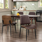 Dining Chairs Set of 4, Mid-Century Modern Upholstered PU Leather Chairs with Walnut Bentwood Back and Metal Legs Adjustable Feet for Kitchen Dining Living Room, Dark Brown Vertical Stripes