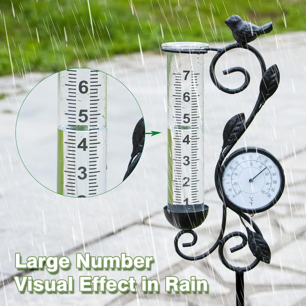 36in Black Bird Rain Gauge Thermometer Metal Garden Stake Decor