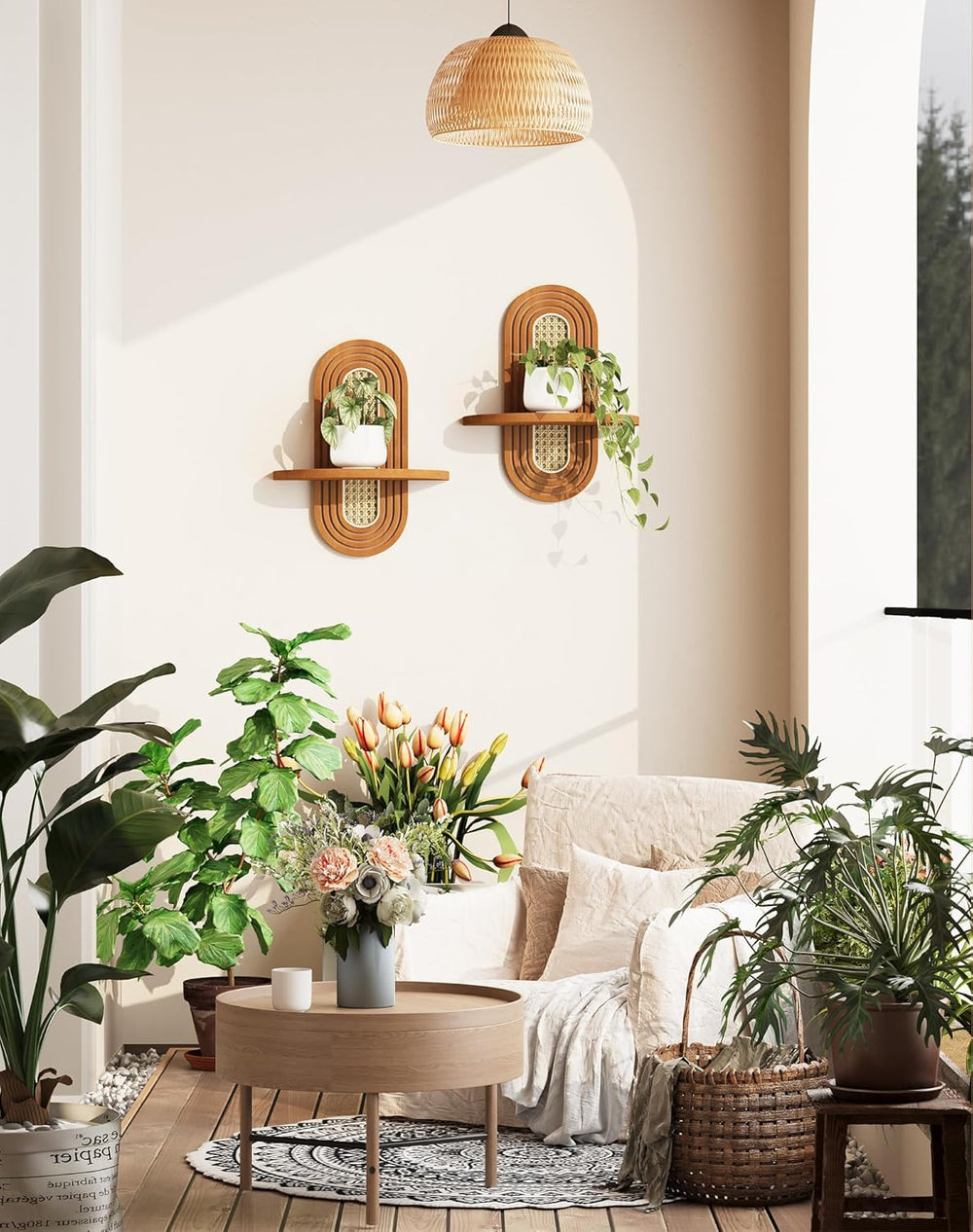 Floating Shelves for Wall, Boho Home Wall Decor,Rattan Plant Shelf Set of 2, ...