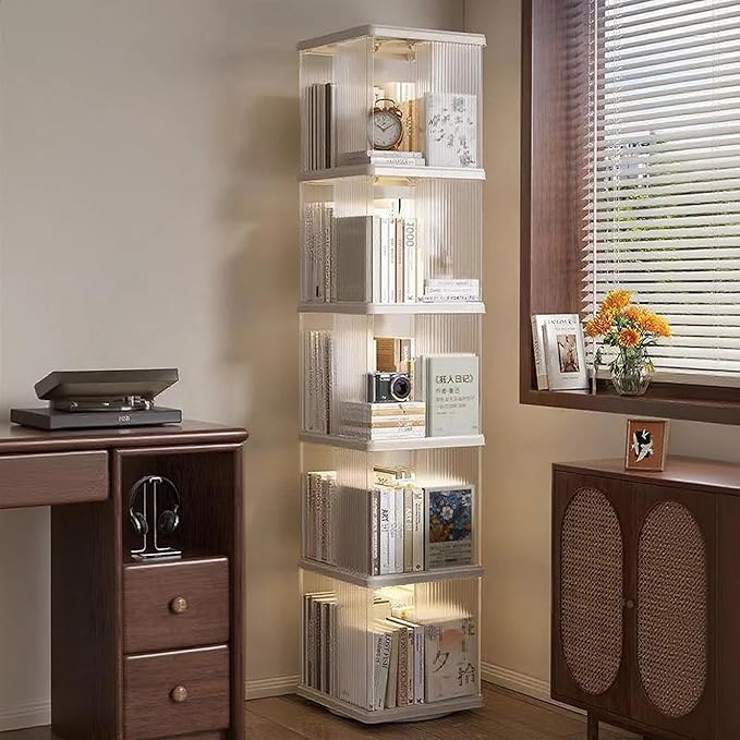 Rotating Bookshelf Tower, 360-Degree rotating bookshelves , Small-Space Corner Spinning Bookshelf , Revolving Bookcase Suitable for Bedrooms, Living Rooms, Studies and Offices (Rectangular，White）