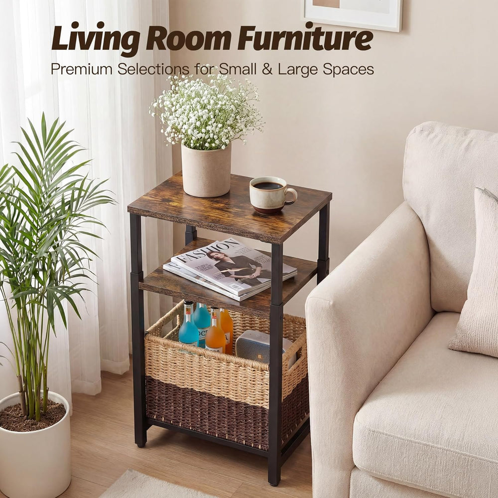 Side Table with Storage Basket, Small End Table with Modern Design and Adjust...