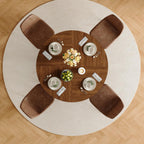 47" Round Dining Table Set for 4, Walnut Wood Grain Table and 4 Brown Suede Upholstered Chairs Set, Mid Century Modern Kitchen Table Set with Cross Legs