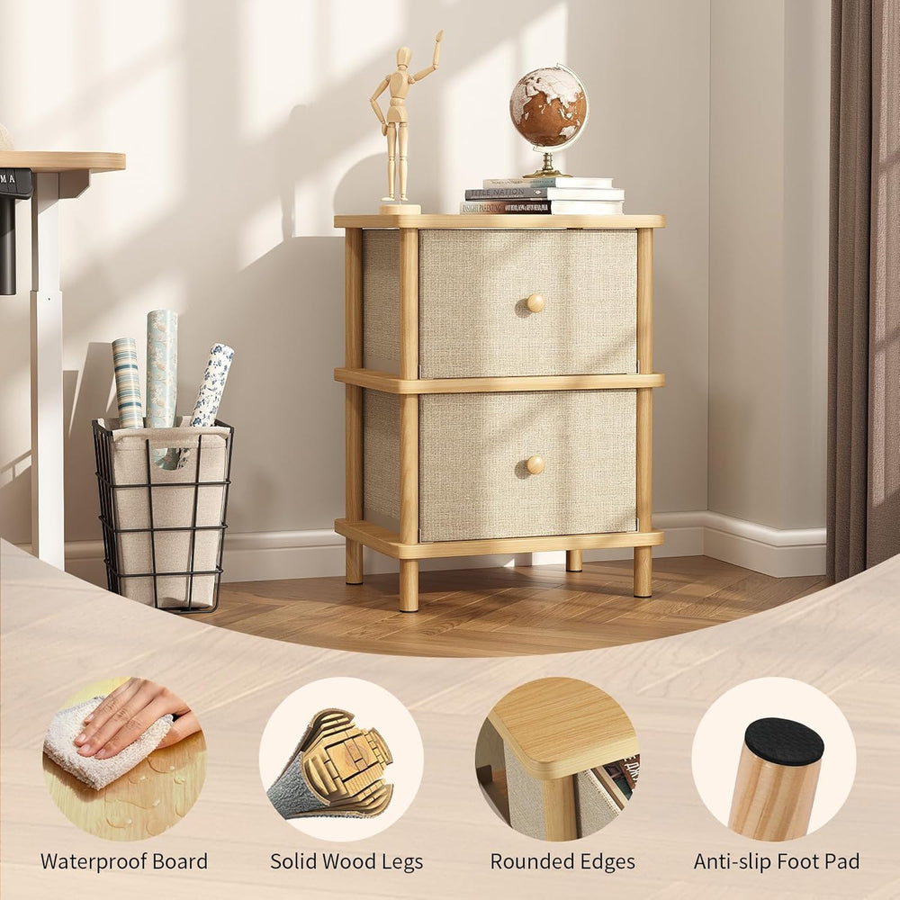 Apicizon Nightstand with 2 Storage Drawers, Boho Side Table with Solid Wood L...