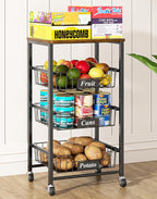 4-Tier Small Kitchen Storage Cart on Wheels, Metal Fruit Basket Stand with Pull-Out Baskets & Wood Top for Potato Onion Produce Snack Veggies