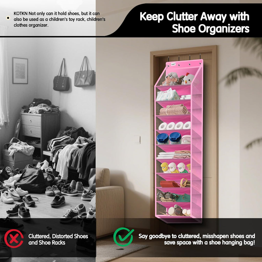 10 Tier Over The Door Organizer - Heavy Duty Hanging Storage Rack with Sturdy Oxford Fabric, Holds 20+ Pairs of Footwear, Boots & Sneakers, Saves 50% Closet Space! (Pink)