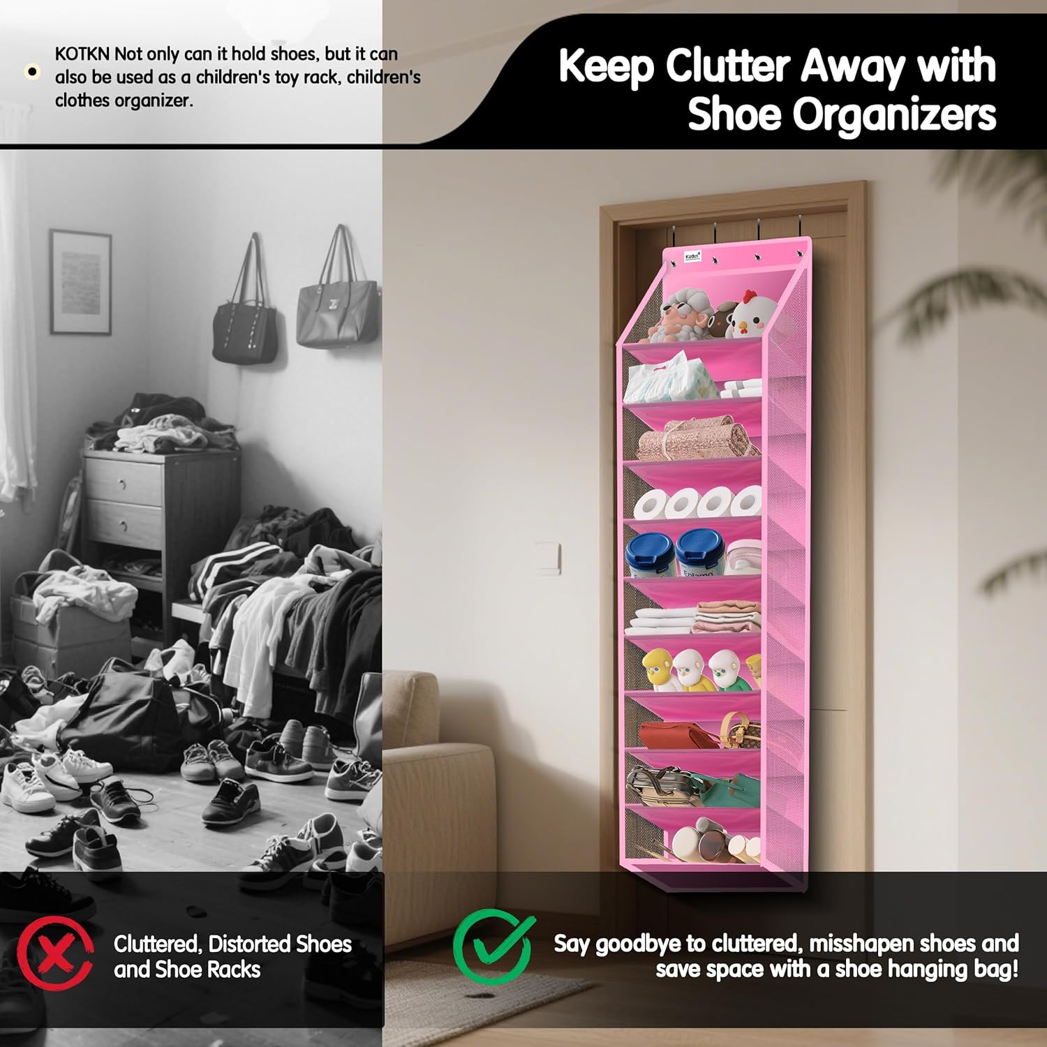 10 Tier Over The Door Organizer - Heavy Duty Hanging Storage Rack with Sturdy Oxford Fabric, Holds 20+ Pairs of Footwear, Boots & Sneakers, Saves 50% Closet Space! (Pink)