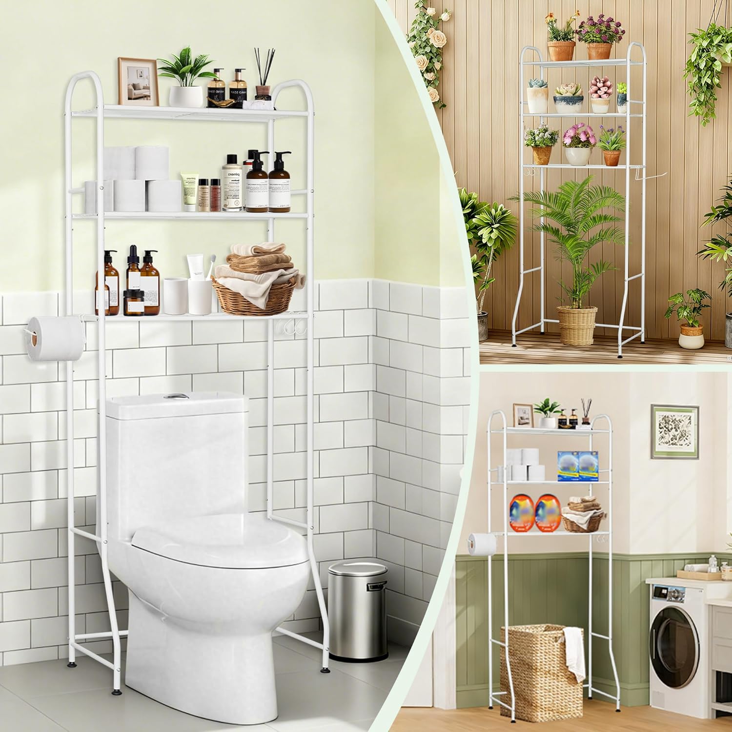 3-Tier Over The Toilet Storage, Metal Over Toilet Bathroom Organizer and Storage for Small Space, Bathroom Shelves Rack with 3 Hooks and Paper Holder, White