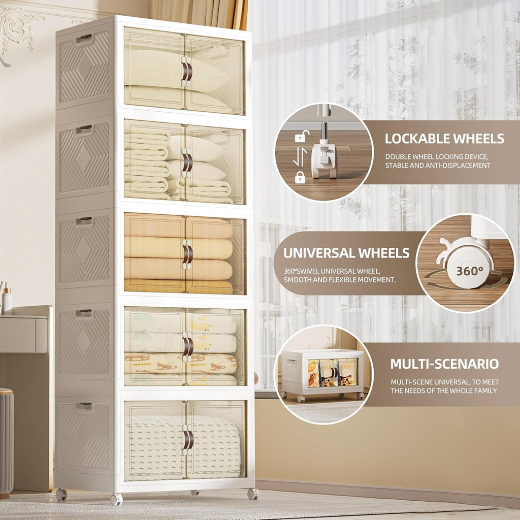 520 QT / 130 Gal Large Foldable Stackable Plastic Storage Cabinet with Double Magnetic Doors, Leather Handles & 4 Wheels - Organize Home, Office, Closet