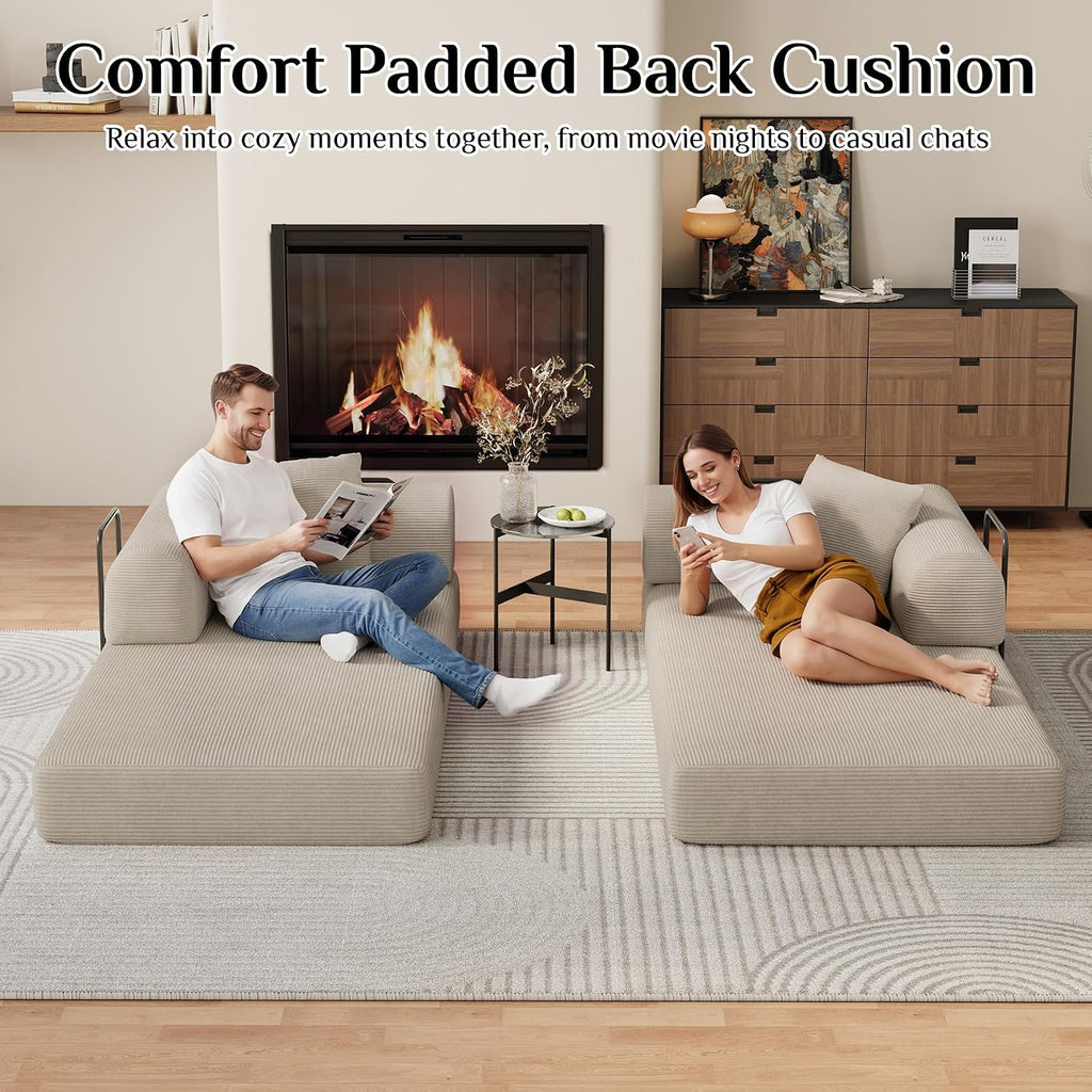 DAMAIFROM Convertible Sleeper Sofa Bed Floor Boneless Couch, Light Brown | 80" Corduroy Modular Compressed Futon Sofa Bed, Pull-Out Cloud Loveseat with Memory Foam Mattress for Living Room