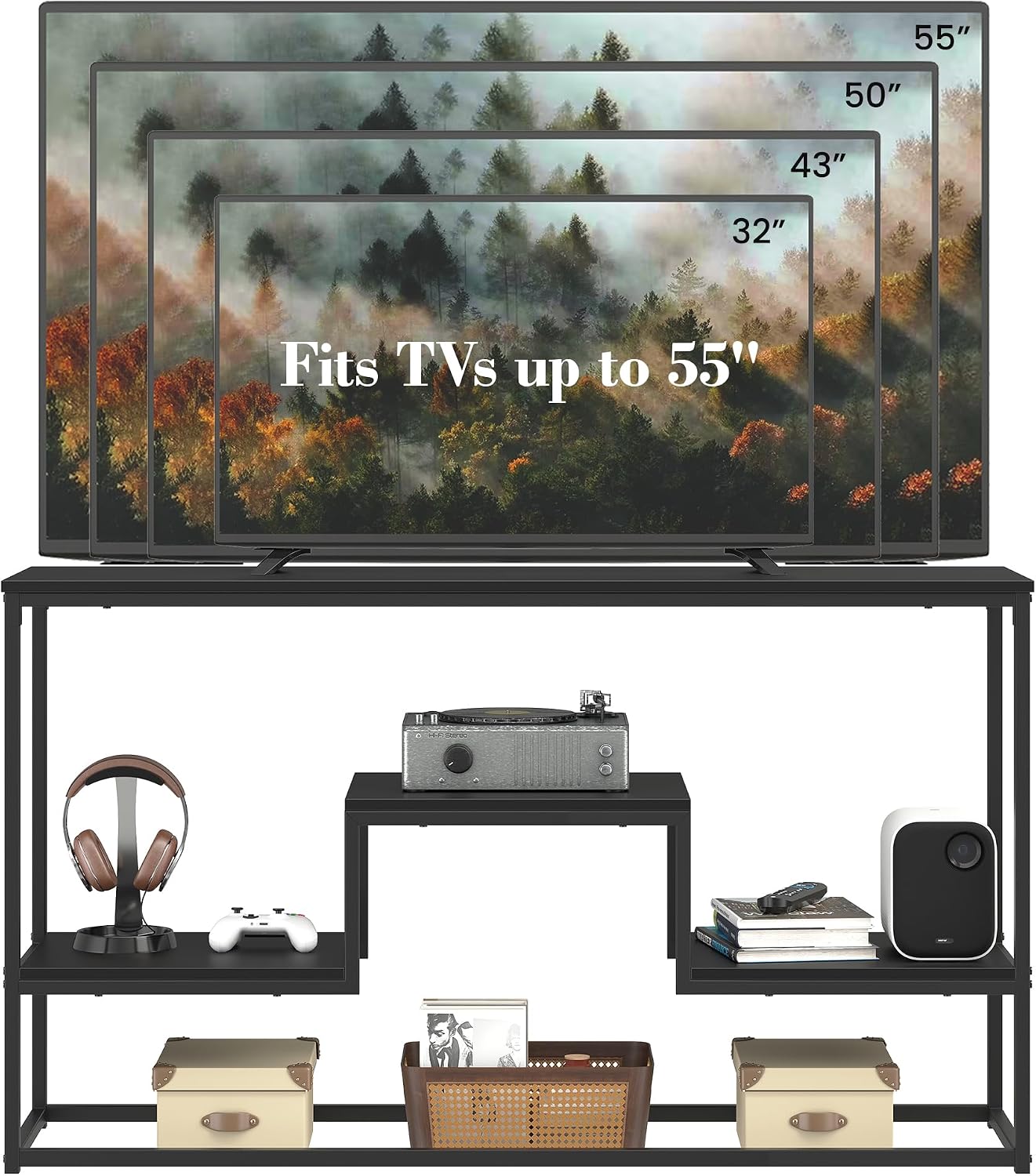 YOUDENOVA TV Stand for 47" TV, 3-Tier Storage Shelves, Black | Industrial TV console with open storage shelves, ideal for TVs up to 55" in living room.