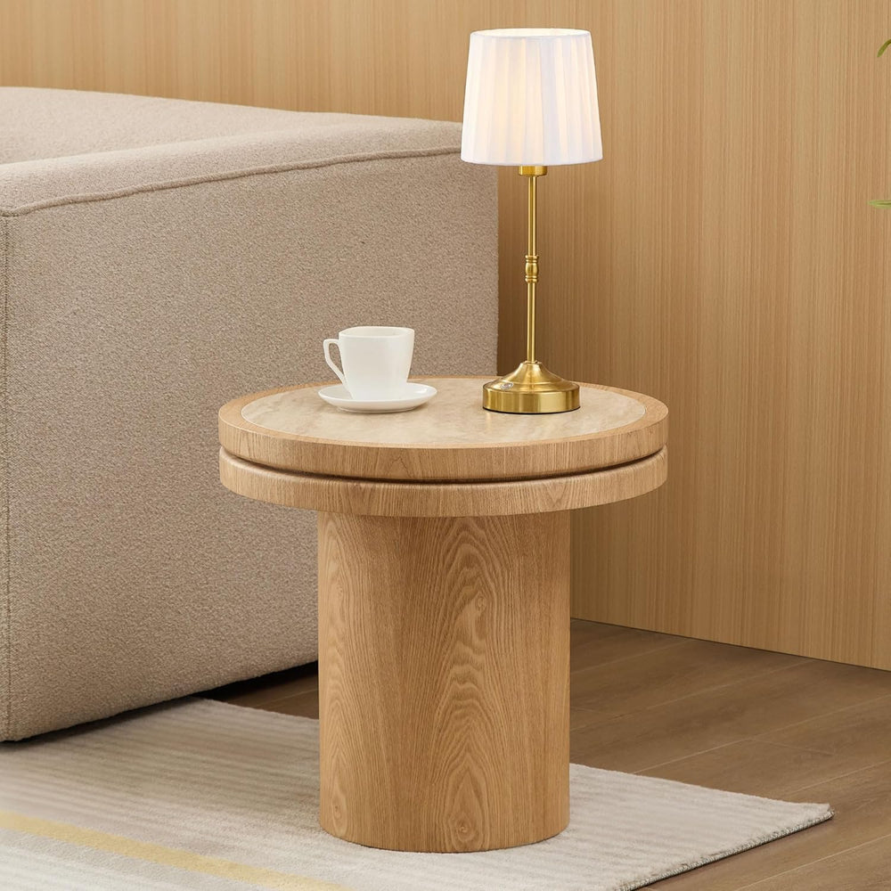Round End Table Modern Side Table with Sintered Stone Top & Natural Wood ...