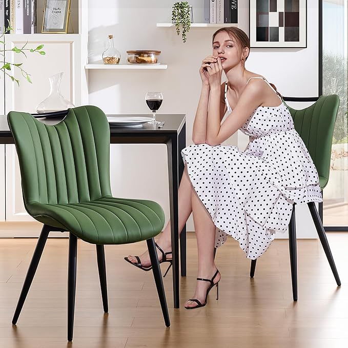 Leather Upholstered Dining Chairs Set of 6, Mid-Century Modern Kitchen Dining Room Chairs with Black Metal Legs, Armless Faux Leather Accent Dinner Chairs Kitchen Side Chairs, Green