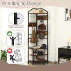 Heavy Duty Corner Hall Tree Organizer, 3-in-1 Industrial Freestanding Coat Storage Rack with Hooks and 4 Wooden Shelves for Entryway, Black