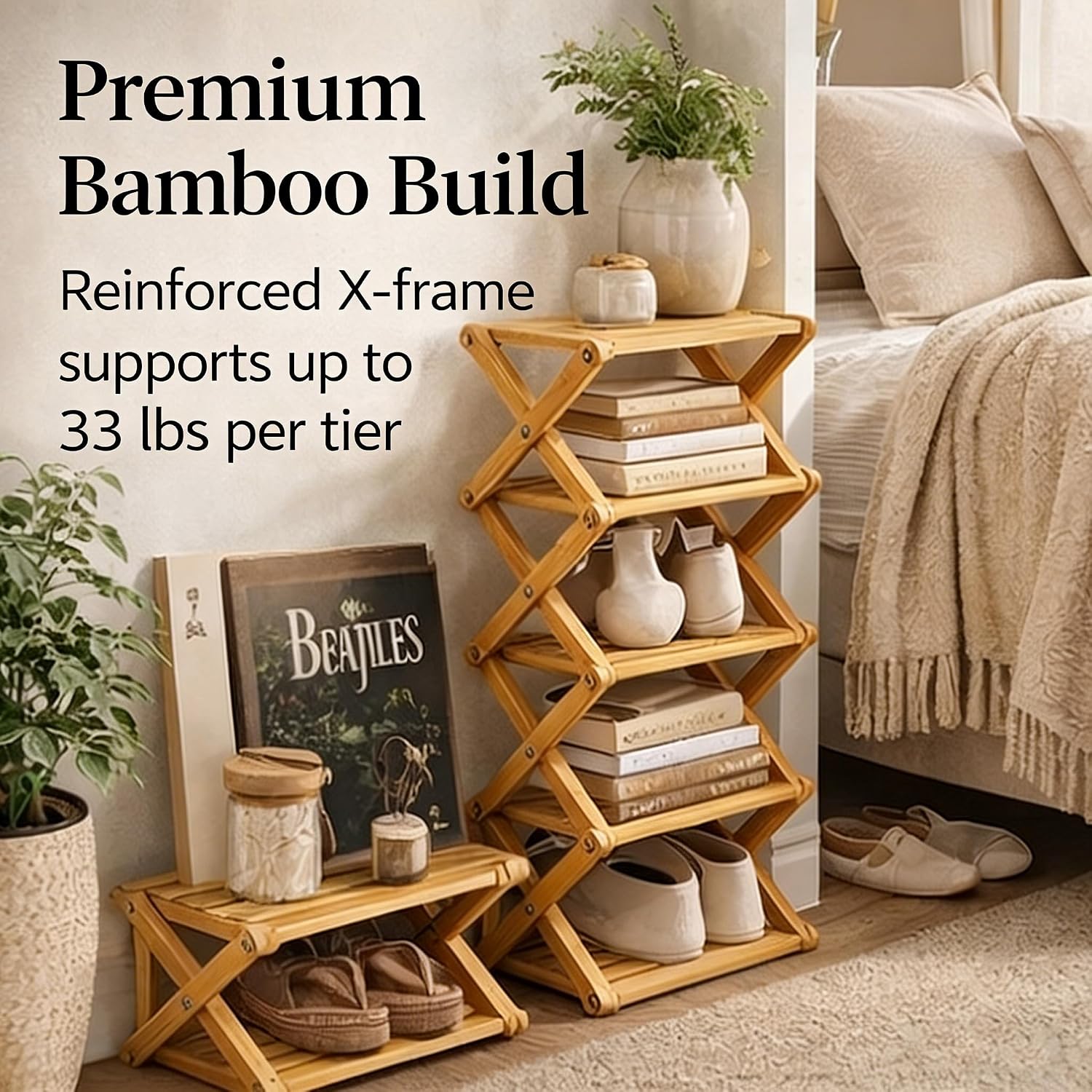 9 Tier Bamboo Shoe Rack, 2-9 Tier Foldable Bamboo Shoe Rack Options, The 9-Tier No-Assembly Vertical Design Bamboo Rack, for Shoes, Books, Vase, Save Space, Easy to Use (3-Tier)