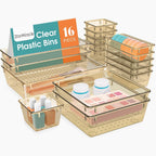 16 PCS Drawer Organizer Set, 5 Varied Size Bathroom and kitchen Drawer cabinet organizer Trays, Clear Storage Bins for Makeup, Jewelry, Utensils and Gadgets, Champagne