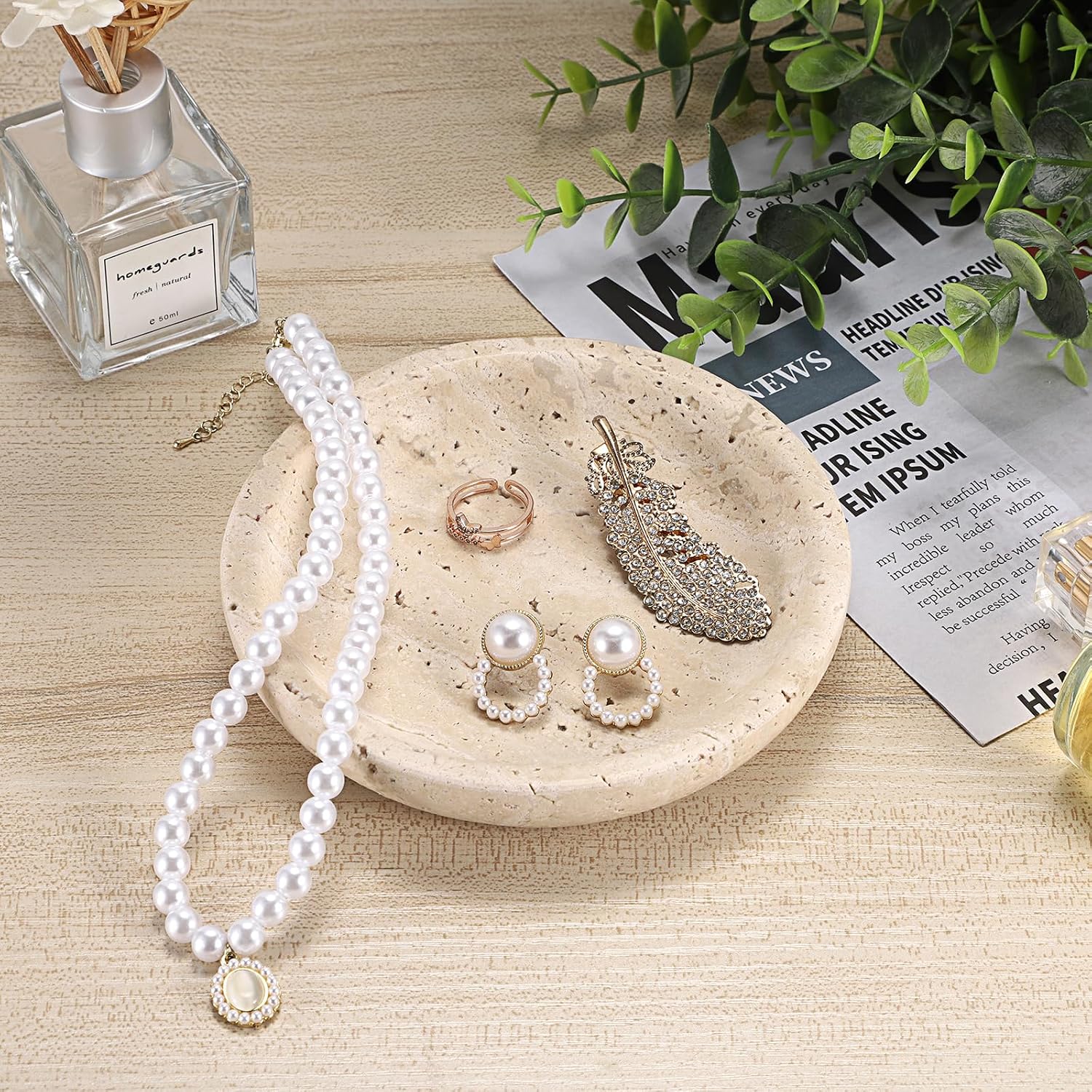 Travertine Jewelry Tray Round Trinket Dish Vintage Decorative Tray Entry Table Nightstand Bowl for Display Rings Earrings Necklace Key Organizer Home Decor