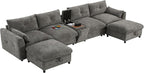 Merax 142'' Modular Sectional Sofa Set with Movable Storage Ottoman and Console, Cup Holder, Wide Seat, 6 Seat U Shaped Couch, Oversized Chenille Sofa with USB Charger for Living Room, Apartment, Gray