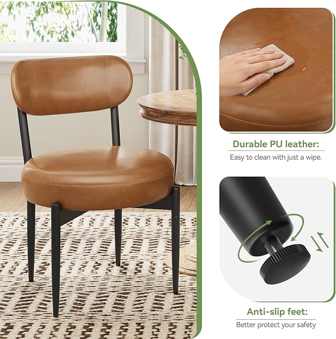 Upholstered Dining Chairs Set of 2, PU Leather Dining Room Chairs with Sturdy Metal Legs, Kitchen Chairs for Dining Room/Kitchen/Restaurant/Hotel, Modern Style, Brown