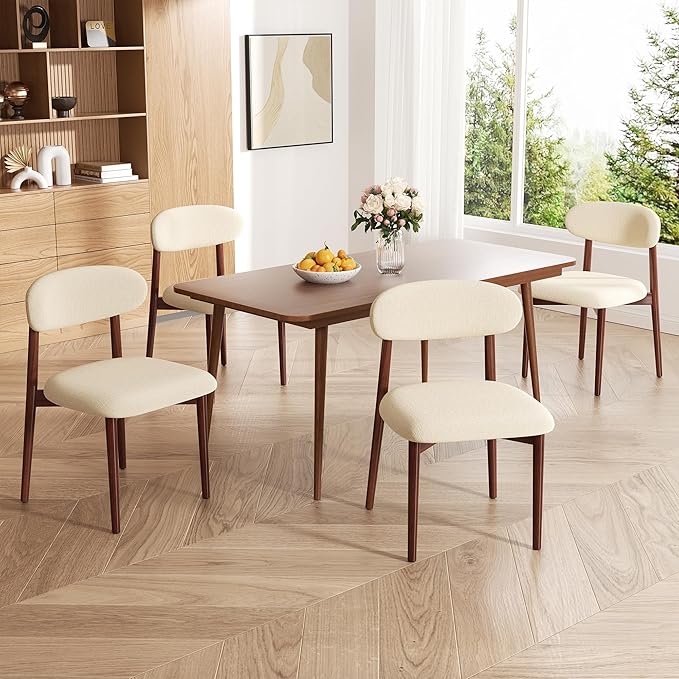 Wooden Dining Chair Set of 4, Modern Dining Chairs with with Curved Back, Linen Fabric Upholstered Kitchen Room Chairs with Adjustable Legs for Farmhouse Dining Living Room,Beige
