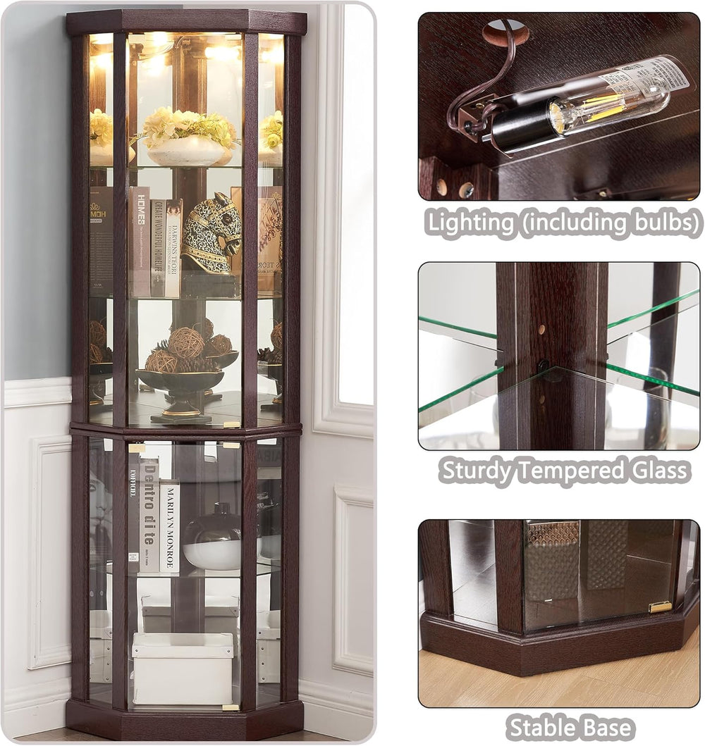 69" H Lighted Corner Curio Cabinet Display Case With Adjustable Shelves,...