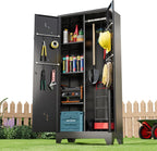 Metal Storage Cabinet 71" H, Garege Storage with Stainless Steel Bottom, Black Cleaning Supplies Organization Cabinet with Lockable Doors and Hanging Rod for Outdoor, Home Office