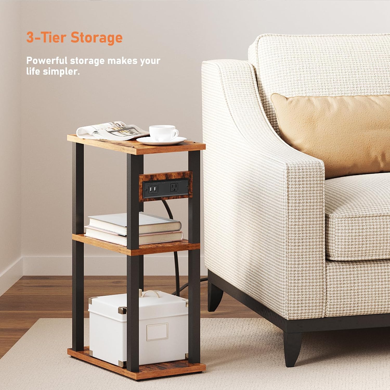TUTOTAK Small Narrow Side Table with Charging Station, Skinny End Table for Small Spaces, Slim Nightstand with USB Ports and Outlet, Sofa Beside Table with Wheels, Brown TB01BB046