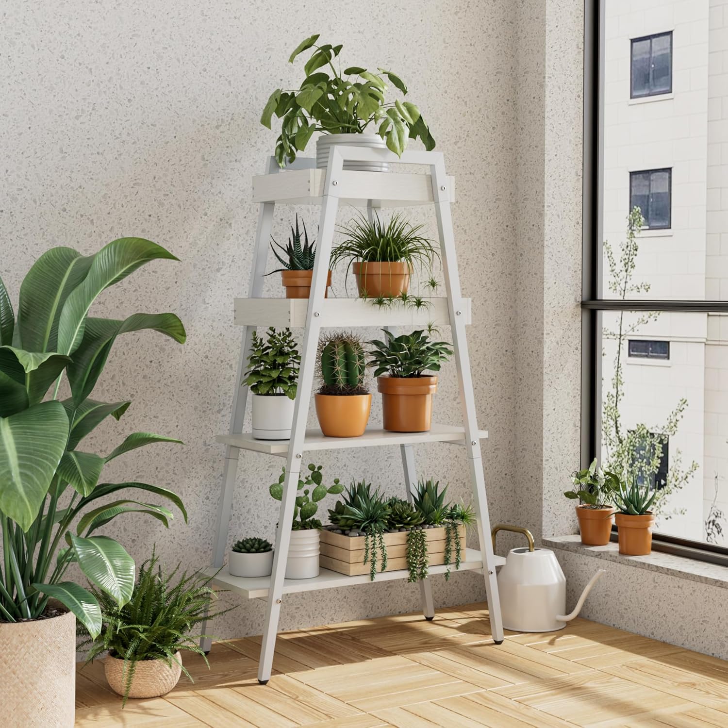 VECELO Ladder Shelf, 4 Tier Wooden Bookshelf with Metal Frame, Freestanding Bookcase Display Shelves and Plant Stand for Living Room/Farmhouse/Bedroom/Home Office-White