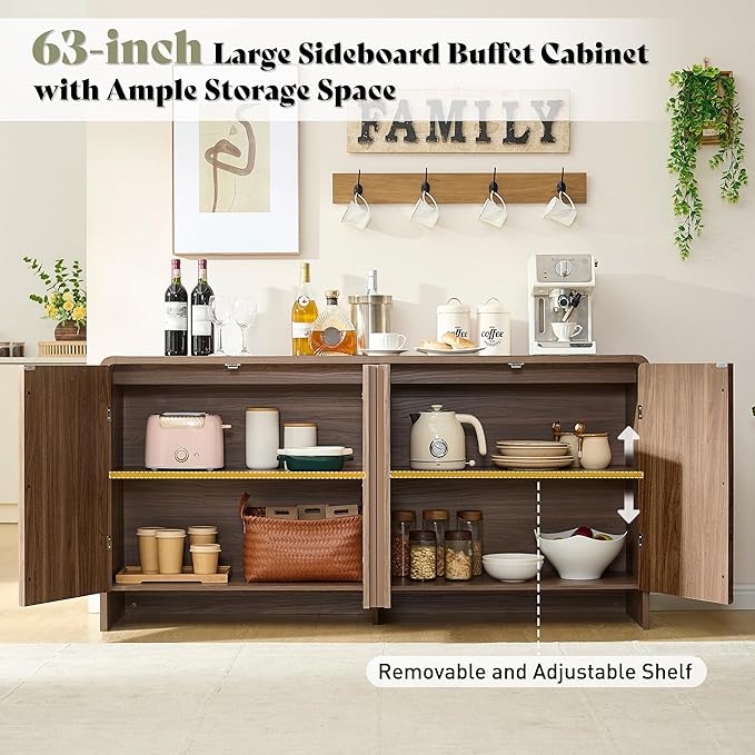 AMERLIFE 63" Fluted TV Stand Media Console Cabinet with Storage, Modern Credenza Entertainment Center with 4 Doors & Adjustable Shelves, Wood Coffee Bar for Living Room, Hallway, Brown