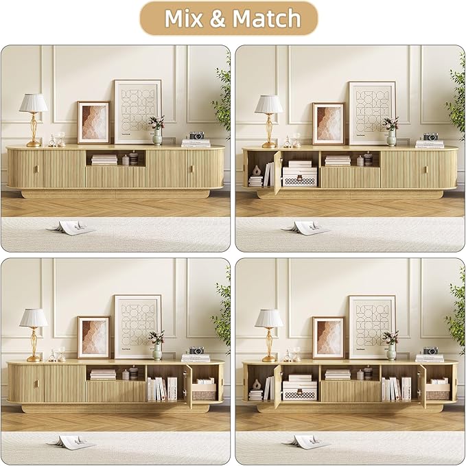 86.61'' Tambour TV Stand for 55-85 Inch, Modern Entertainment Center with Large Storage Cabinet & Open Shelves, TV Console with Sliding Doors for Living Room, Bedroom, Natural