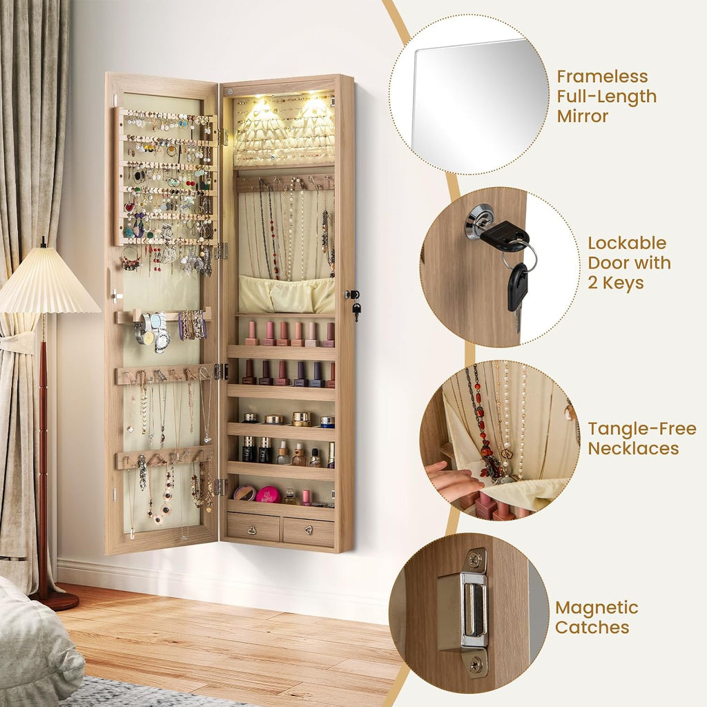 NAFORT 2 LEDs Full Length Mirror with Jewelry Armoire, Jewelry Organizers and Storage with 2 Mounting Options, 47.5”H Jewelry Cabinet with 2 Drawers, Make up & Lockable Jewelry Box, Natural Wood