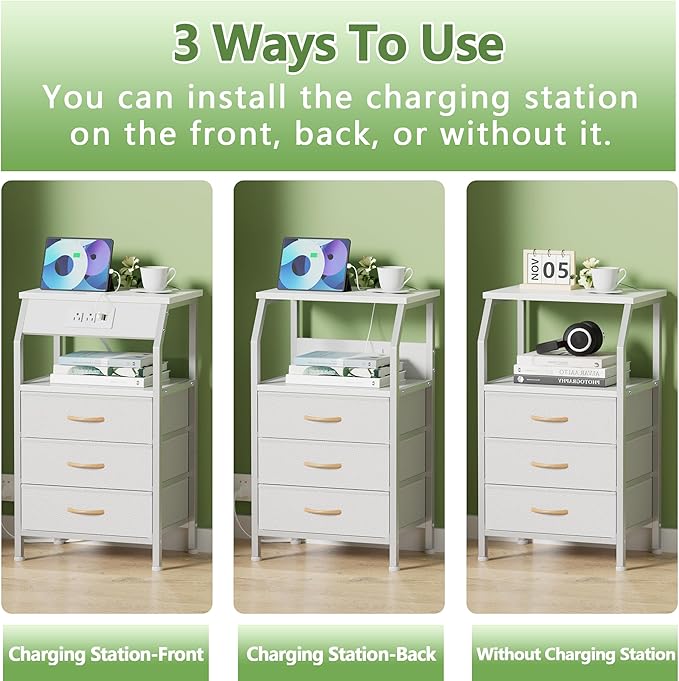 Furnulem Night Stand with Charging Station, 28.3 Inch Tall Bedside Table with...