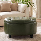 30-Inch Round Storage Ottoman, Leather Ottoman (Green) | Button Tufted Ottoman with Storage, Ottoman Coffee Table with Removable Top for Living Room, Bedroom, Office