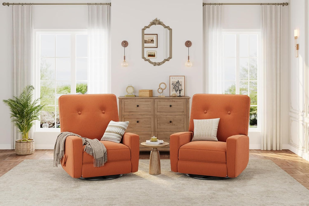 Garvee Nursery Recliner Chair, 360° Swivel Rocking Glider Chair for Adults with Adjustable Backrest & Footrest, Upholstered Armchair for Living Rooms, Bedrooms, Apartments, Orange