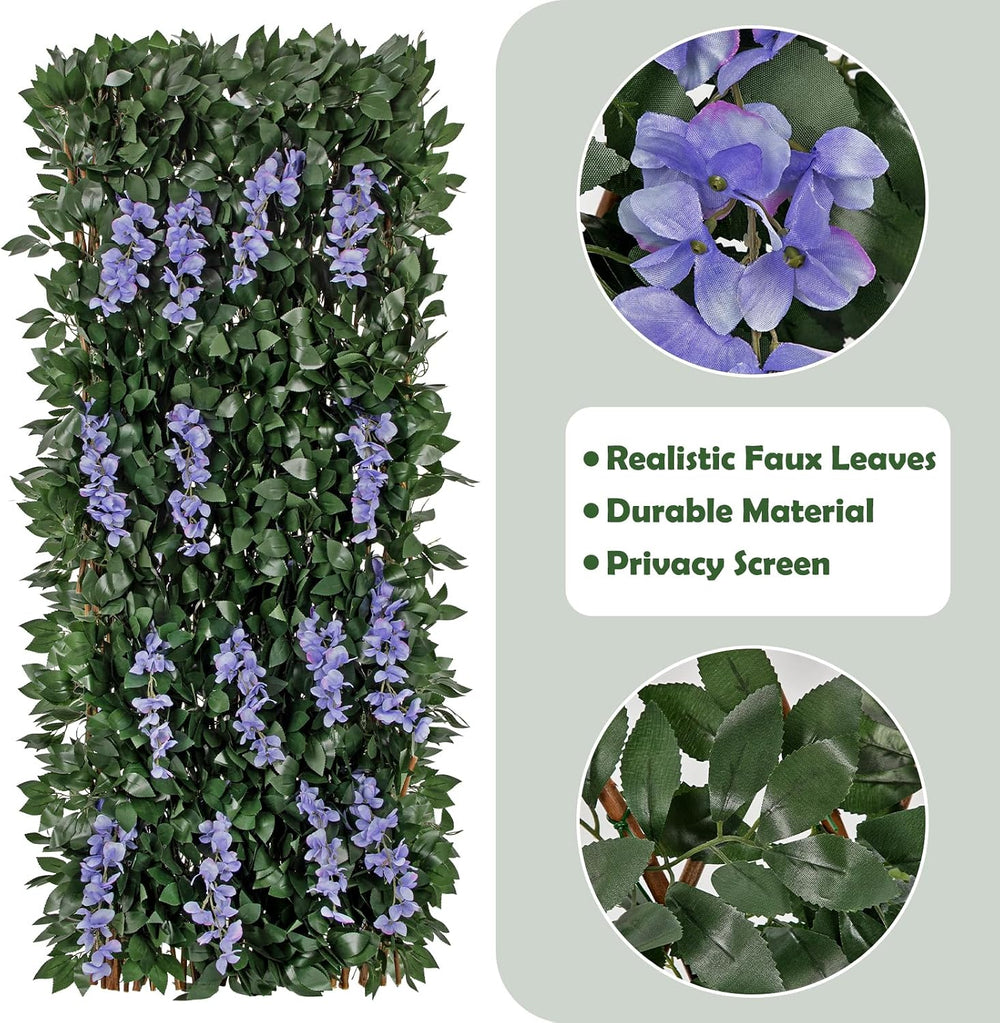 Expandable Faux Fence Privacy Screen with Flowers for Indoor Outdoor Balcony ...