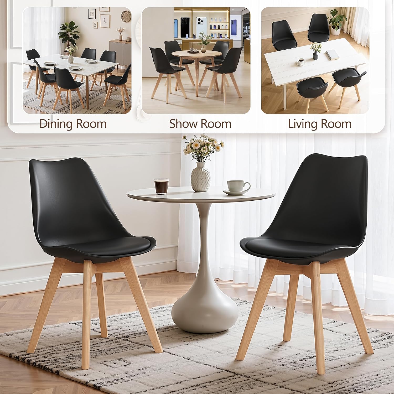 VECELO Dining Chairs Set of 4, Mid-Century Modern Kitchen & Dining Room Chairs, PU Leather Upholstered Seat, Solid Wood Legs, Armless, Non-Slip Feet, Black