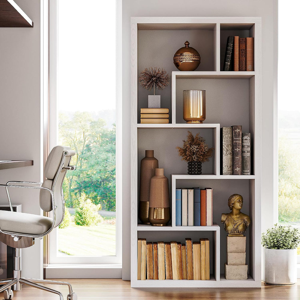 IRONCK Geometric Bookcase 6-Shelf Industrial Bookshelf White Etagere Bookcase...