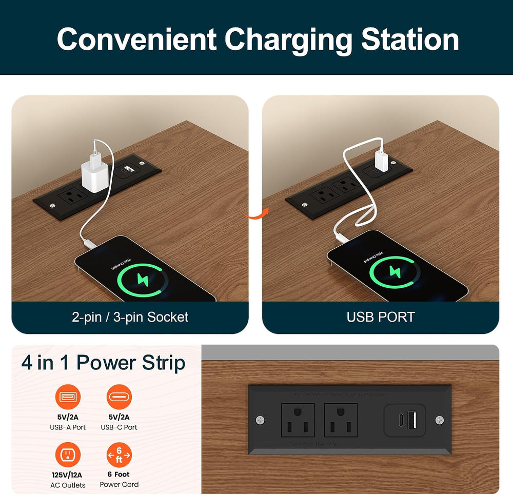 RoyalCraft Walnut Nightstand Set of 2, Night Stand with Charging Station | Mi...