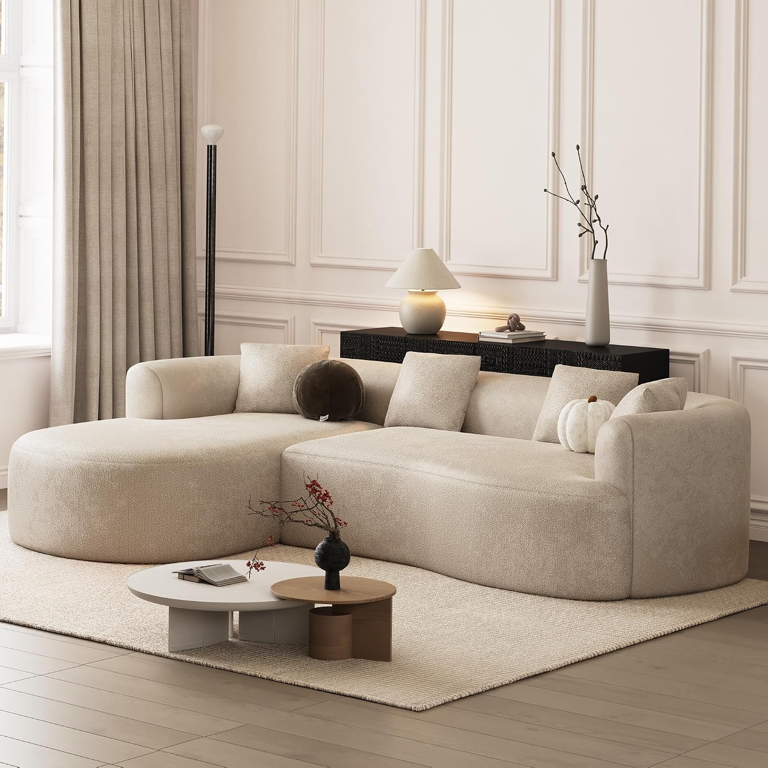 ONEMMLION 111" Oversized Boneless L-Shaped Sectional Sofa, Light Brown | Luxury modern curved cloud couch for Living Room with extra-deep seat,left-facing chaise,no assembly required