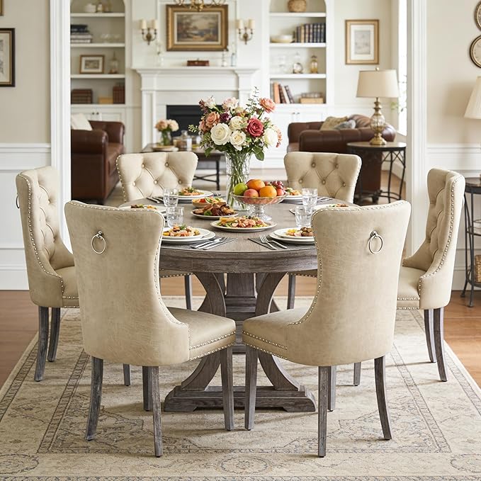 Kiztir Leather Dining Chairs Set of 6, Upholstered Dining Room Chair with Nailhead Trim and Solid Wood Legs, Luxury Wingback Dining Side Chair for Living Room, Bedroom, Kitchen (Beige)