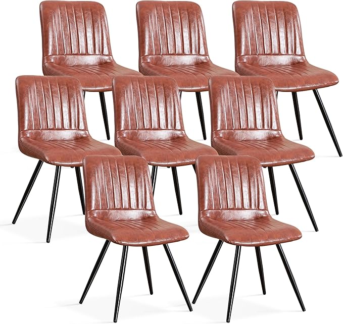 Dining Chairs Set of 8, Modern Dining Chairs with Thick Cushions, PU Leather Upholstered Kitchen Dining Room Chairs with Metal Legs for Dining Living Room (Reddish Brown)
