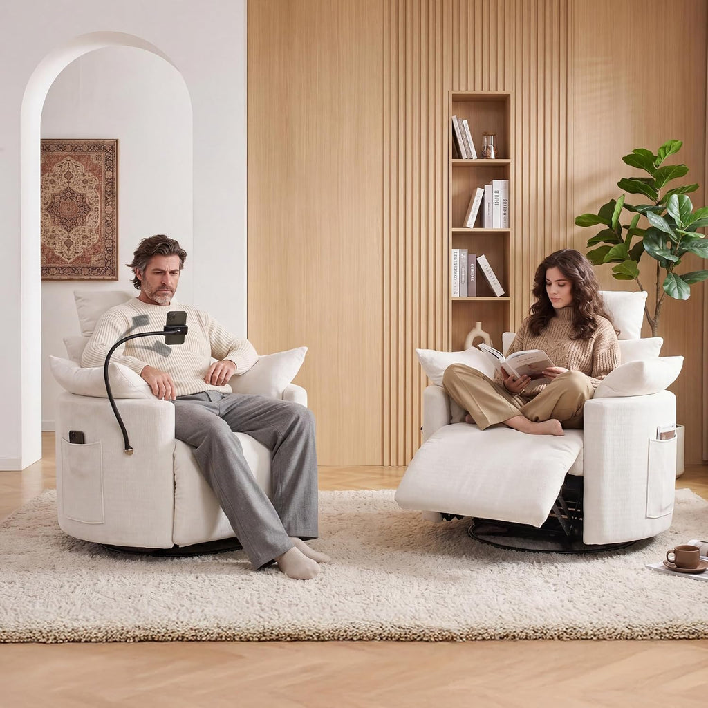 FOXHUNTER 360° Swivel Manual Nursery Rocking Glider Chairs, Chenille White | 30° Rocking Mode, with USB Charging Port and Phone Holder,Adjustable Headrest,2 Cushions, 2 Side Pockets, Footrest