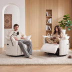 FOXHUNTER 360° Swivel Manual Nursery Rocking Glider Chairs, Chenille White | 30° Rocking Mode, with USB Charging Port and Phone Holder,Adjustable Headrest,2 Cushions, 2 Side Pockets, Footrest